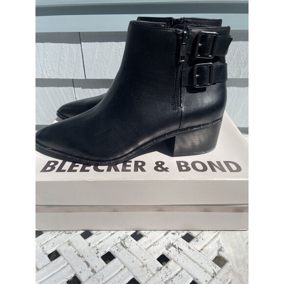 Bleeker & Bond Shoes - Bleeker & Bond Kelsey Black Leather Ankle Boot Side Zip Moto Womens Size 9.5M
